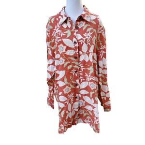 Spiegel Orange Floral Linen Button Down Tunic Top Blouse Long Sleeve Sz XL